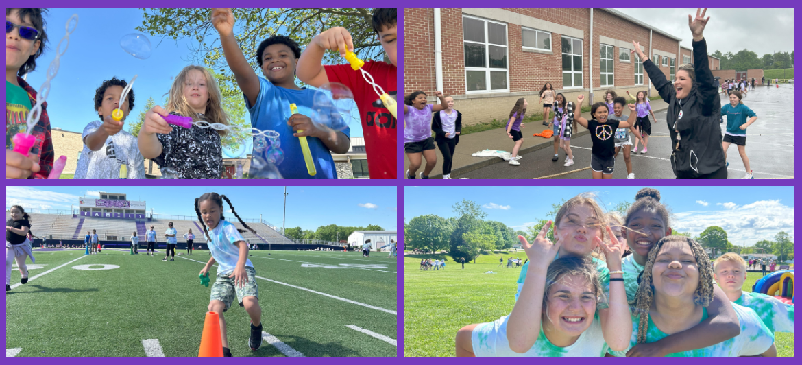 Grid shows four photos of students participating in field day activities 